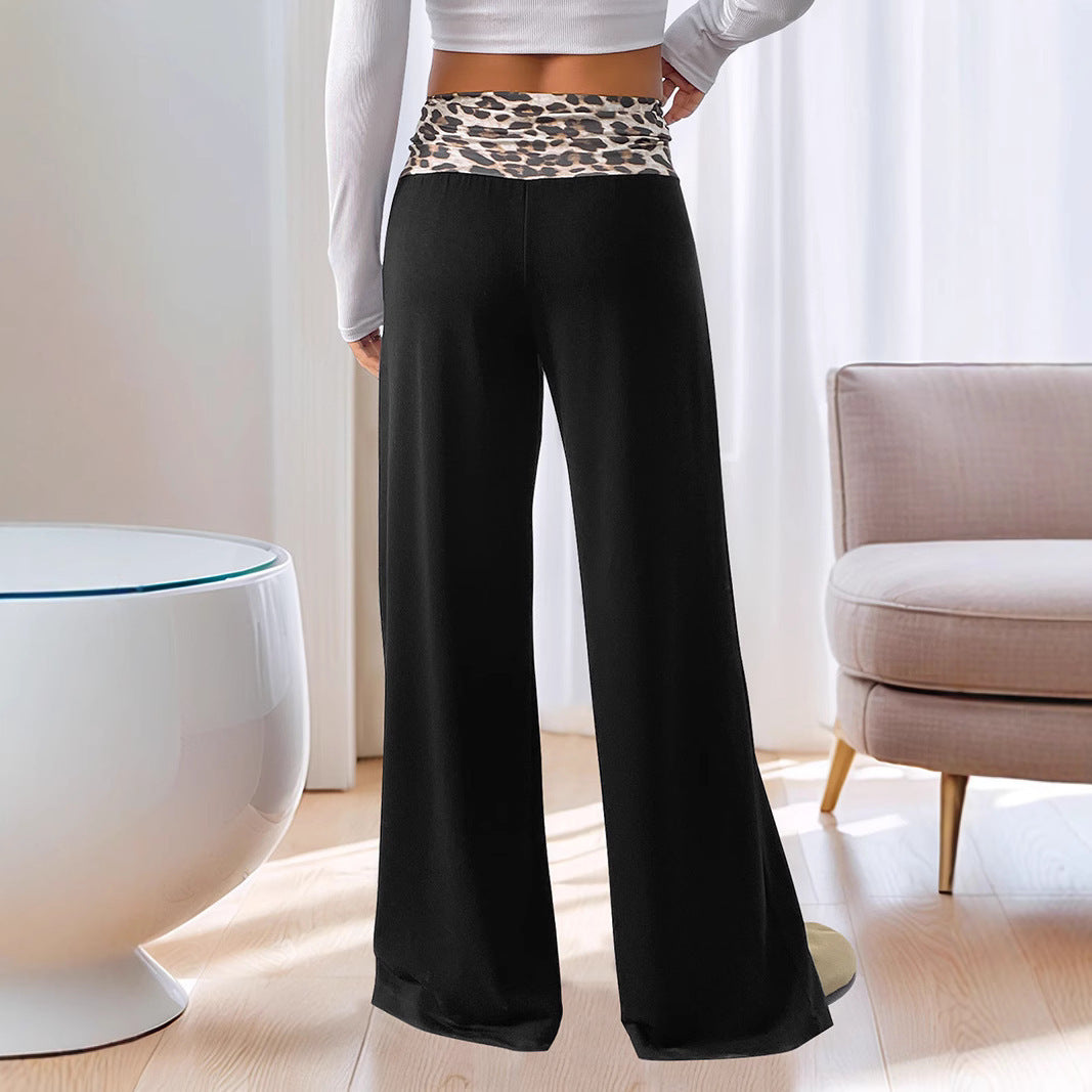 European and American casual patchwork contrasting leopard print wide leg pants for women